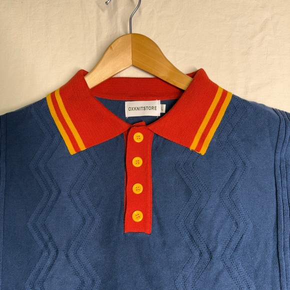 OXKNIT Store  Knit Polo Shirt Men’s size Large Retro  60s 70s Mod Style - Picture 2 of 7